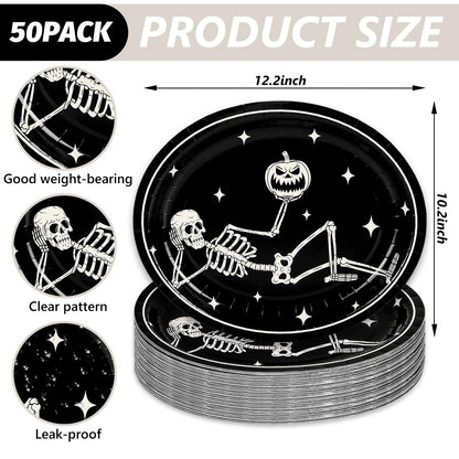 JarThenaAMCS 50Pcs Halloween Oval Paper Plates 10" x 12" Large Black White Skeleton Pumpkin Disposable Plates Spooky Platters for Halloween Holiday Party Tableware Supplies