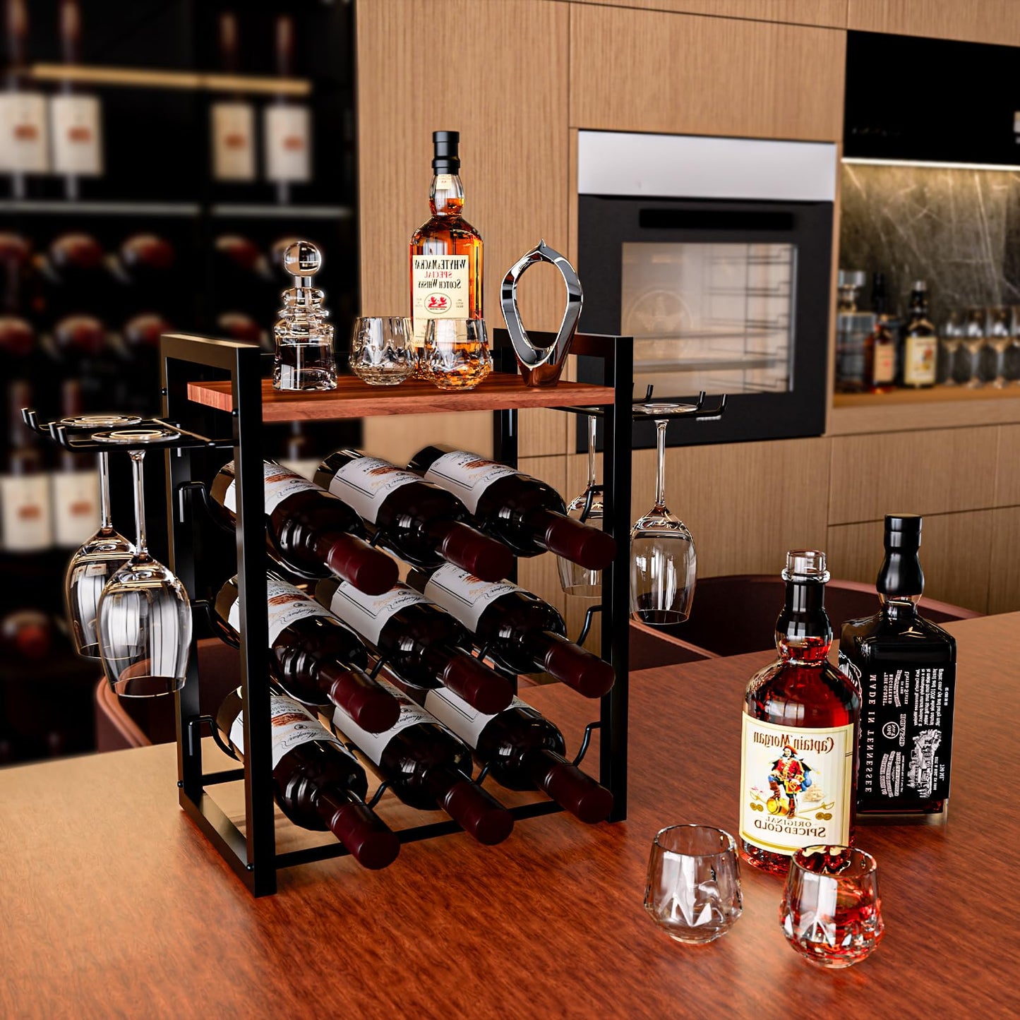 B4Life Wine Rack Countertop, Wine Glass Holder and Bottle Holder with Tray, Countertop Liquor Storage Holds 9 Liquor Bottles and 4 Glasses, Freestanding Liquor Storage for Home, Kitchen, Bar, Cellar