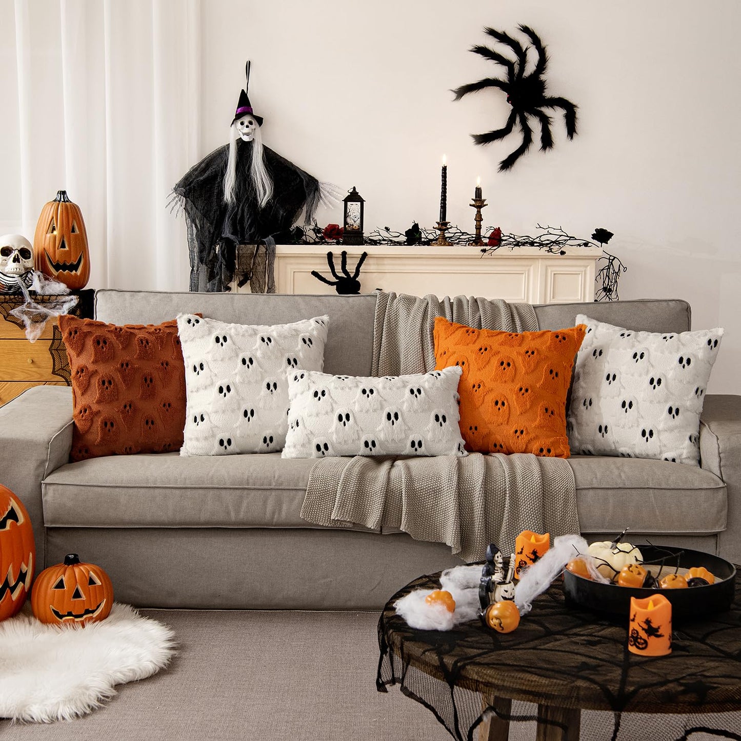 MIULEE 18x18 Inch Set of 2 Halloween White Ghost Decorative Soft Throw Pillows Bundle Rust Decorative Pumpkin Pattern Pillow Covers Plush Faux Fur Wool