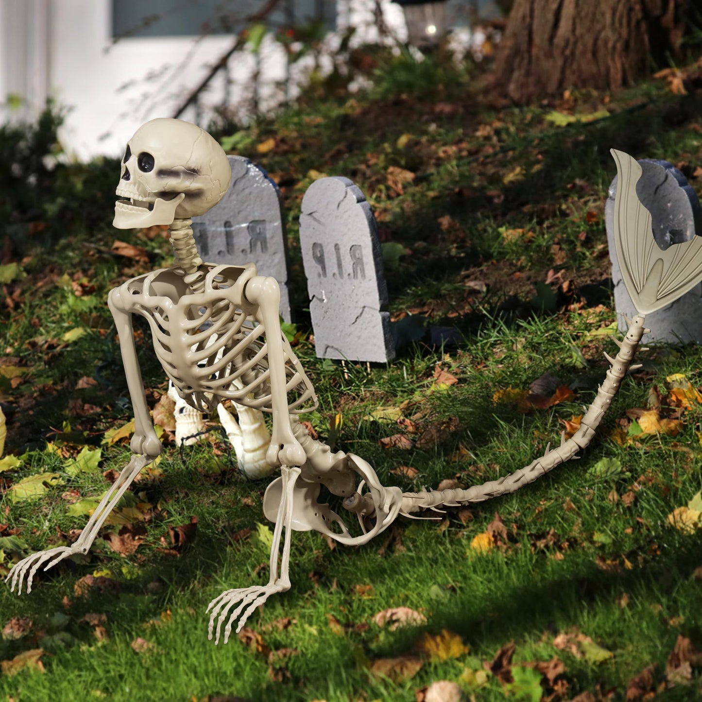 BEABOO 84Inches/7Ft Mermaid Halloween Life Size Skeleton Pose-N-Stay Posable Movable Joints Hanging for Halloween Decoration Decor Spooky Scene Party Favors