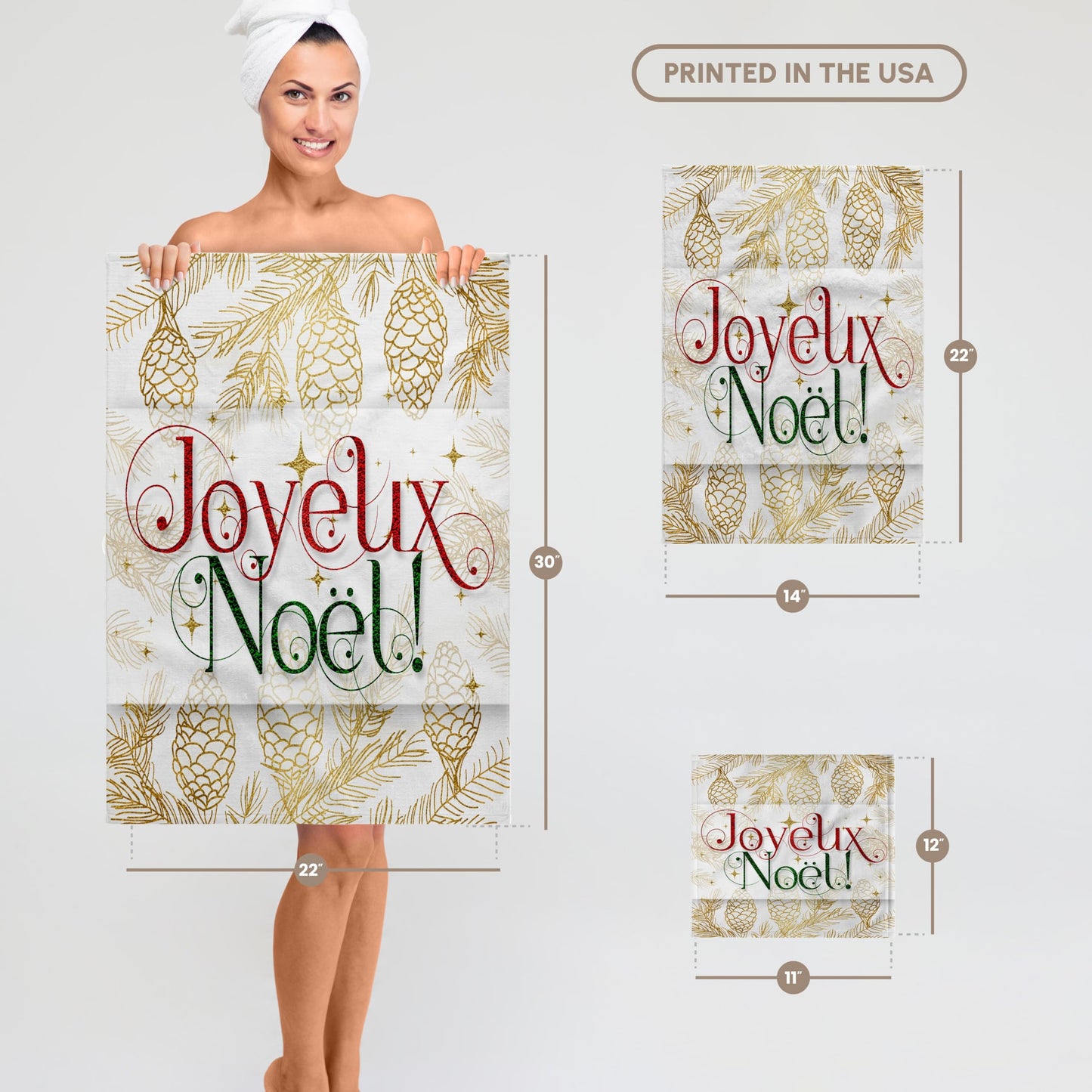 3dRose Towel - Joyeux Noel French Christmas Image of Red Green and Gold - 15 by 22-inches (TWL_298763_1)