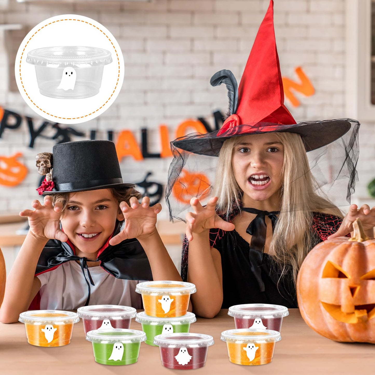 FYSUIMU 75 Pcs Halloween Sauce Cup Mini White Ghost Jelly Shot Cups with Lids Disposable Plastic Containers for Holidays Party Supplies, 2 oz