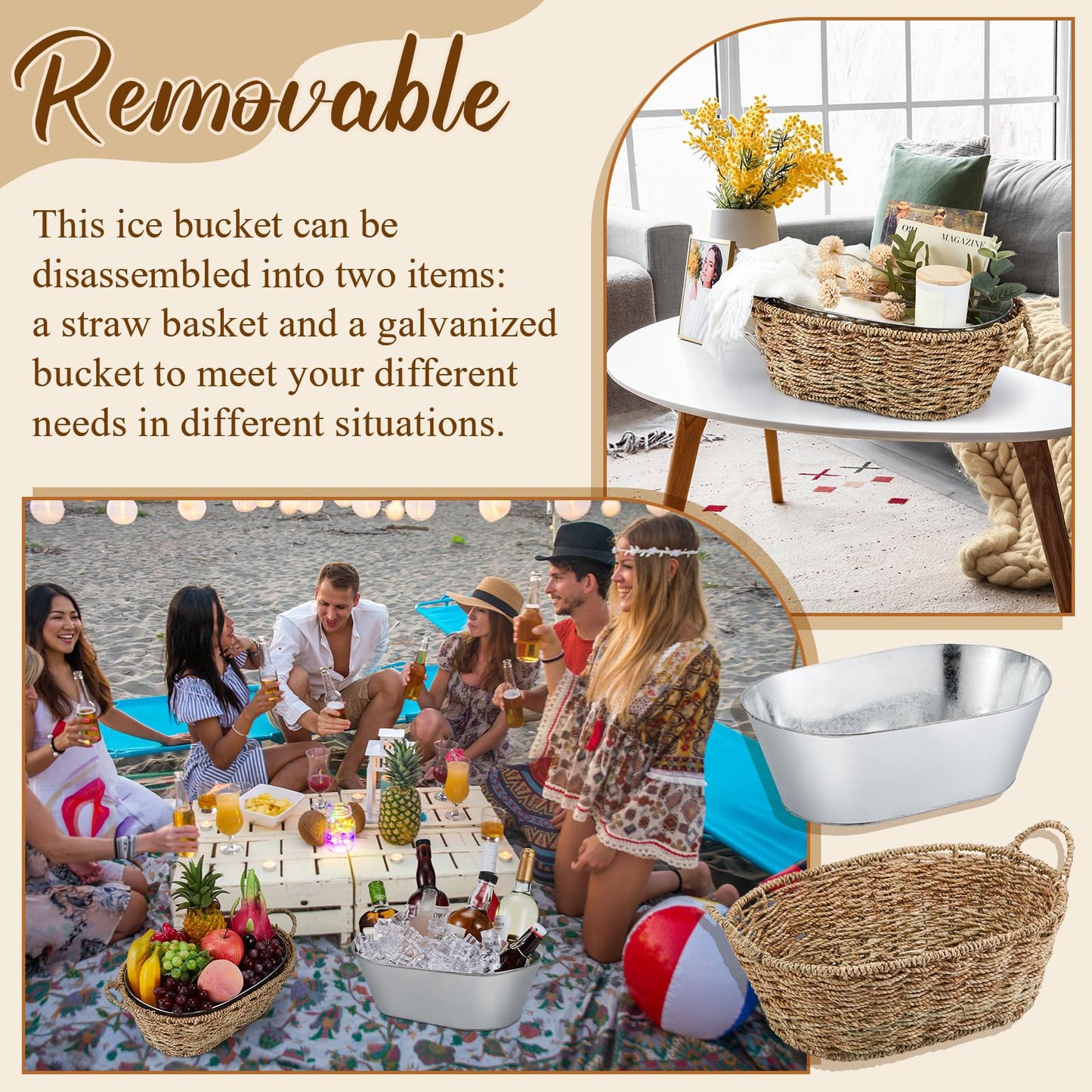 Domensi 2 Pcs Small 11.4L 3 Gallons Ice Bucket with Wicker Outer Basket Handle Beverage Tub Grass Rope Woven Detachable Farmhouse Galvanized Bucket for Party Seaside Bar Buffet Wine Beer Bottle