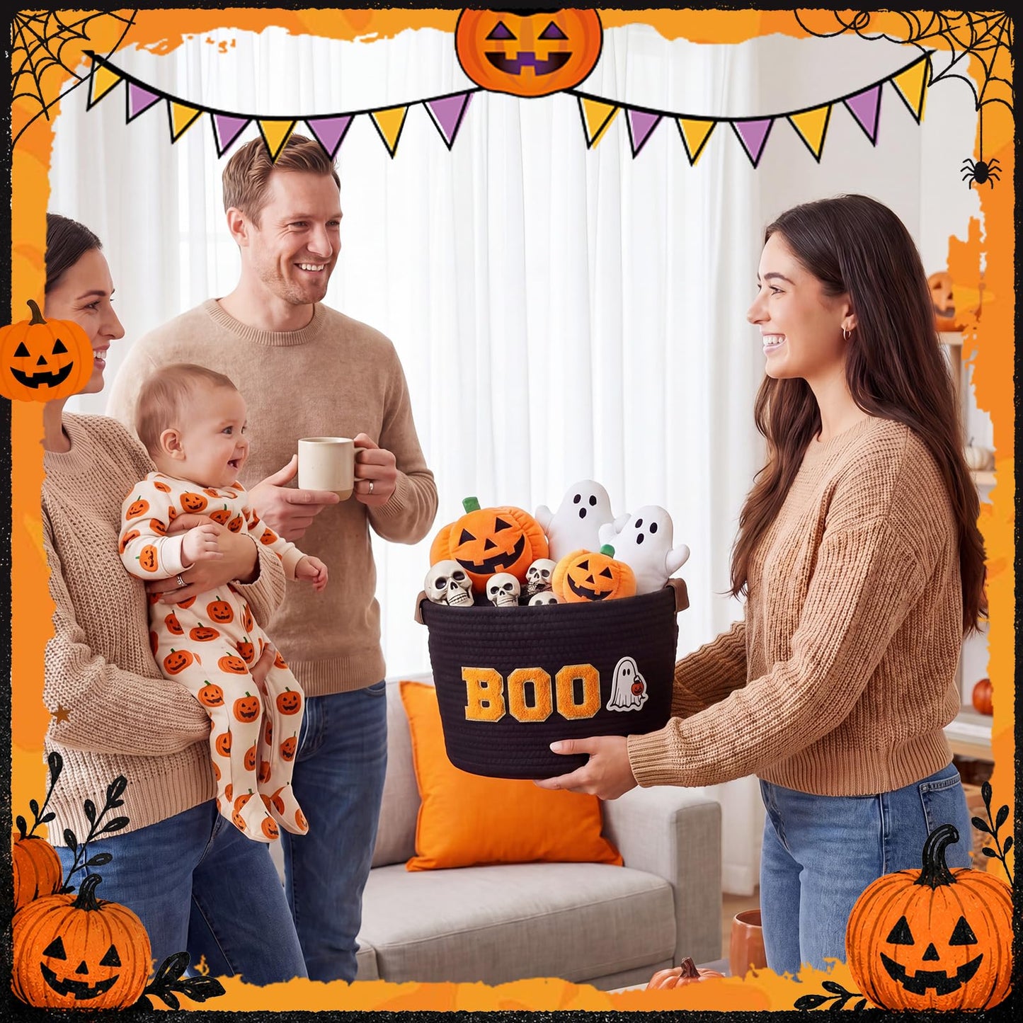 Acellegic Halloween Woven Rope Basket 13 x 8.7 x 7.9 Inch BOO Ghost Decorative Storage Basket with Ghost Pendant Halloween Candy Bowl Trick or Treat Bucket Party Favors for Home Nursery Organizer
