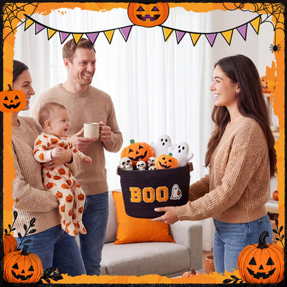 Acellegic Halloween Woven Rope Basket 13 x 8.7 x 7.9 Inch BOO Ghost Decorative Storage Basket with Ghost Pendant Halloween Candy Bowl Trick or Treat Bucket Party Favors for Home Nursery Organizer