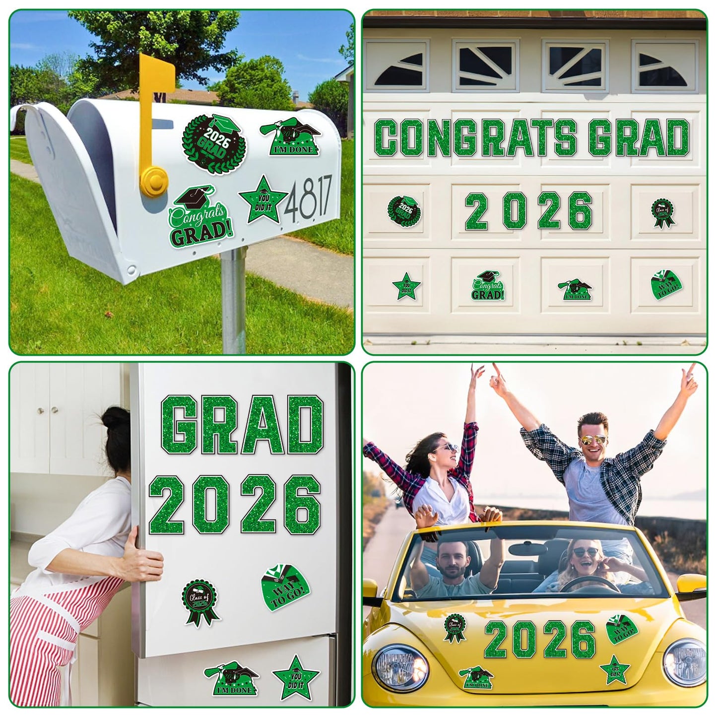 JULMELON Graduation Car Decorations Magnets, 22pcs Class of 2026 Grad Decor Car Magnetic for Kindergarten University Graduation Party Cruise Garage Door Refrigerator Decorations Supplies (Green)