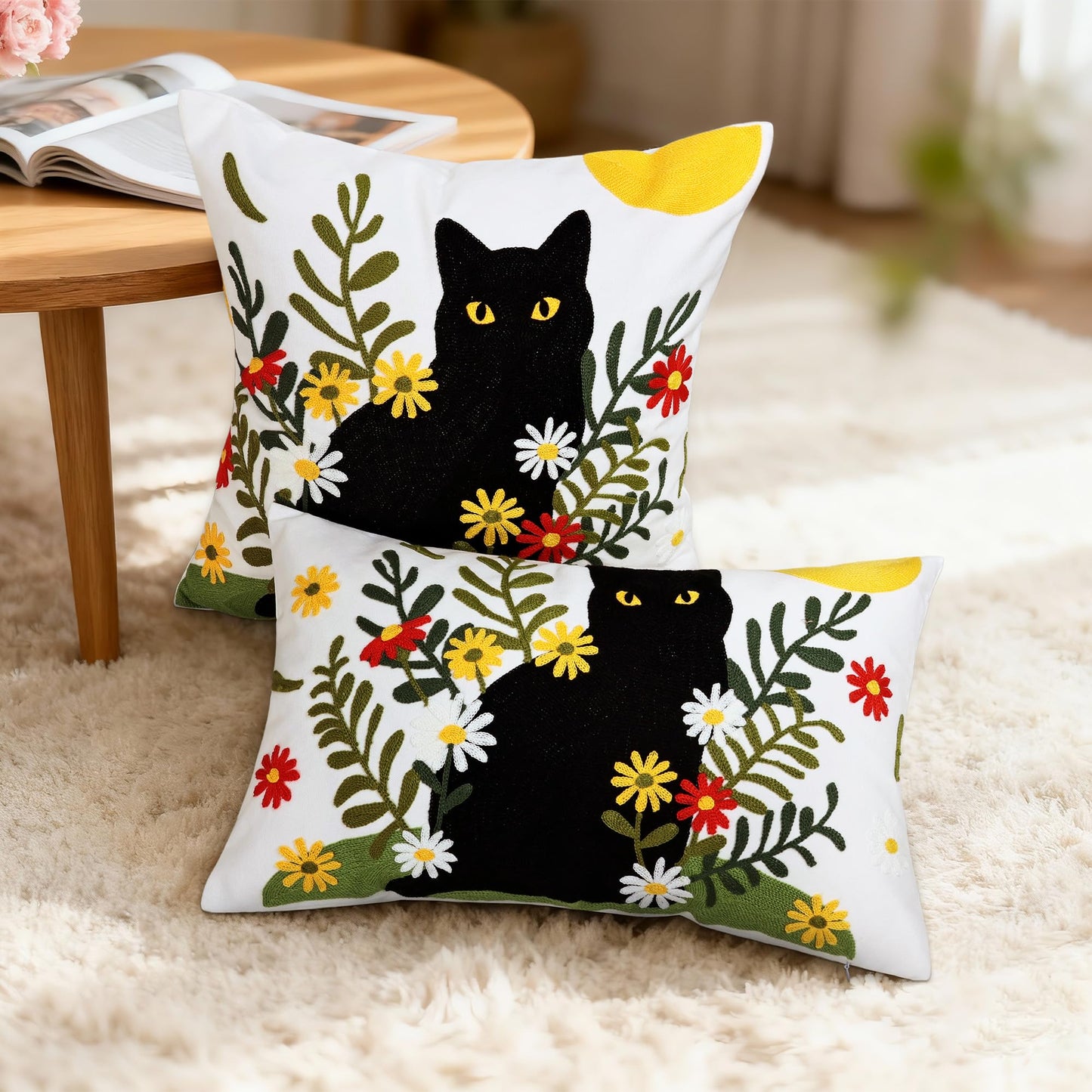 Cythasily Embroidered Pillow Covers 12x20 Inch Set of 1, Black Cat and Floral Patterned Decorative Throw Pillow Covers Lumbar Farmhouse Canvas Cushion Cases for Couch Sofa Bed Living Room Home Decor