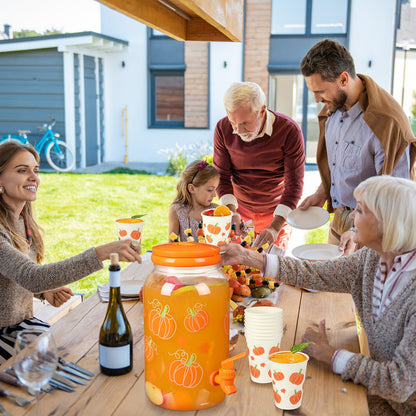 Umigy 1 Gallon Fall Pumpkin Plastic Drink Dispenser with 20 Pcs 12 oz Paper Cups Thanksgiving Harvest Kitchen Decoration Beverage Water Dispenser with Spigot for Juice Beer Autumn Party Supplies