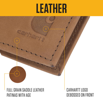 Carhartt Men’s Full Grain Saddle Leather Wallets, RFID Blocking Bifold, Trifold, and Front Pocket Options, Gifts for Men