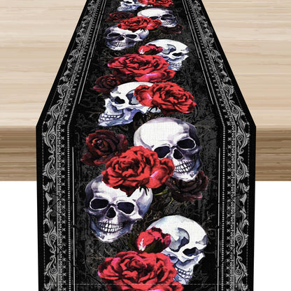 Gothic Table Runner, Rustic Dark Skull Damask Red Floral Flower Day of The Dead Halloween Retro Table Center Decor for Home Kitchen Dining Holiday Party Indoor Outdoor Table Decorations, 13" x 72"