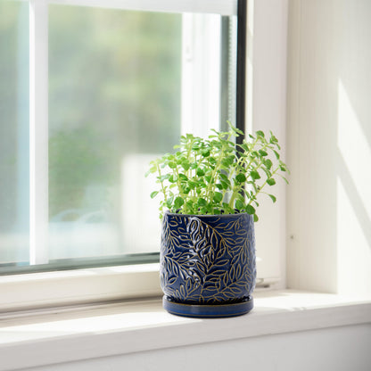 D'vine Dev 4 Inch Embossed Leaves Stoneware Planter Pot with Drainage Hole and Saucer, Midnight Blue, Set of 2, 27-F-Z-3