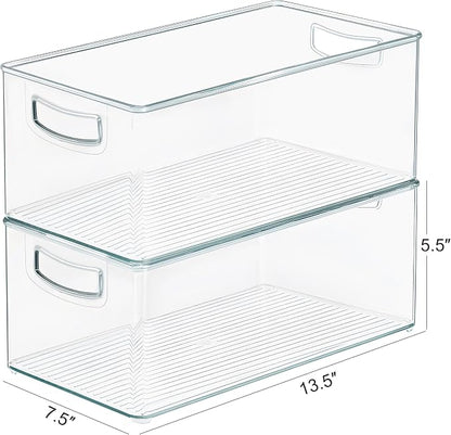 Heyuzb 2 Pack Clear Freezer Organizer Bins Stackable Storage Bins with Side Handles for Kitchen Pantry Cabinet Organzation and Storage