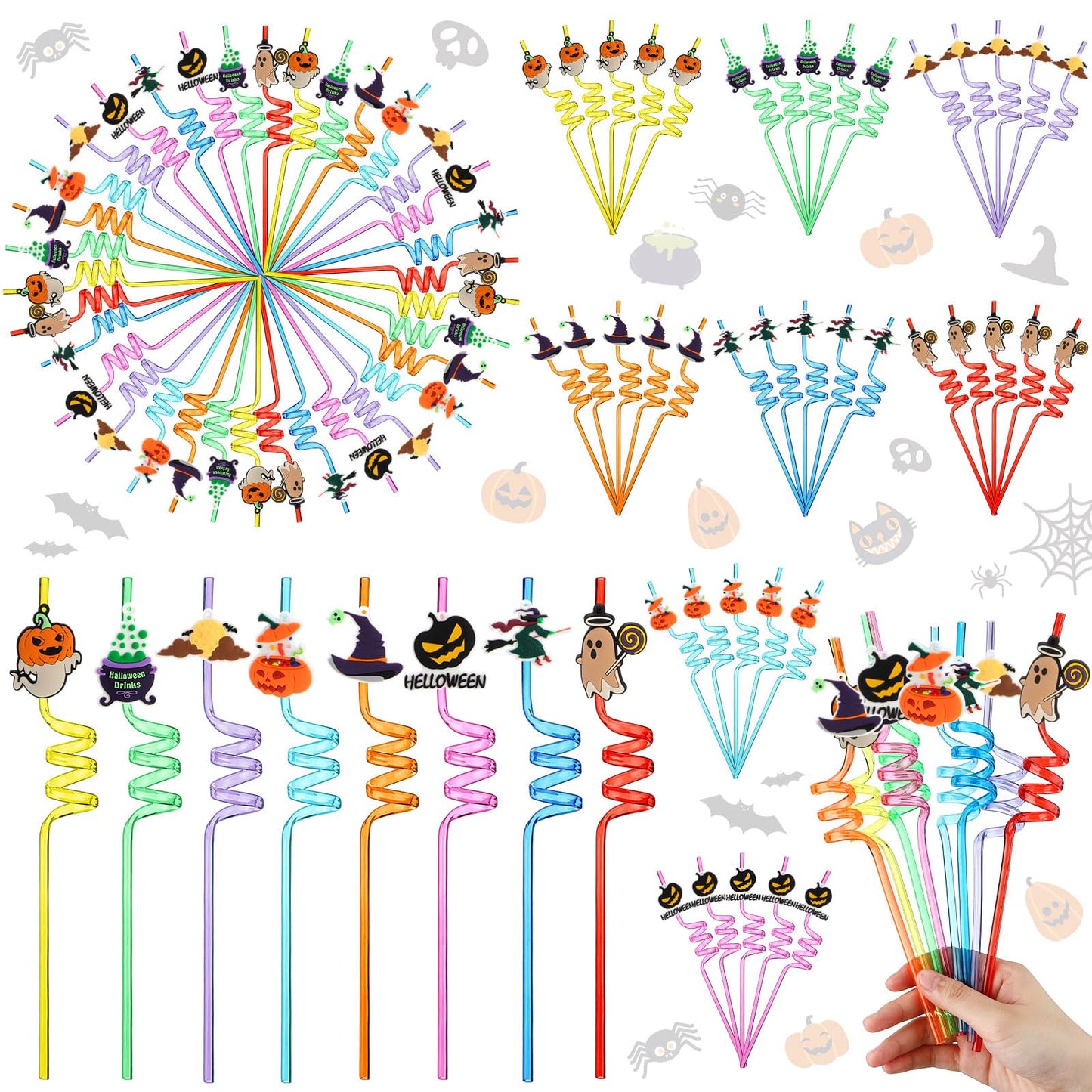 Potchen 80 Pcs Halloween Party Favors Straws Reusable Plastic Straws for Halloween Pumpkin Ghost Witch for Party Favors Supplies Birthday Decoration