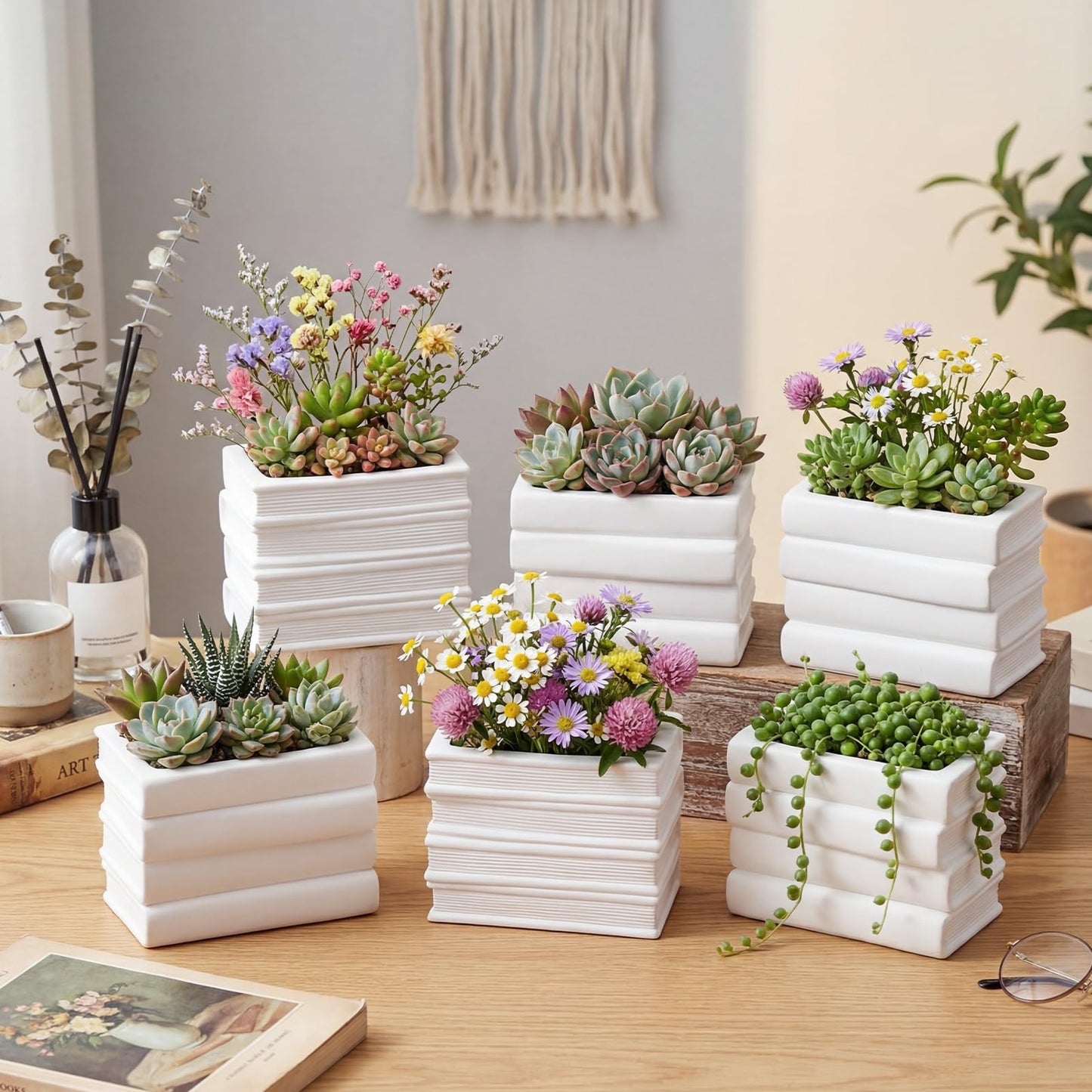 Singhoow 4 Set 3.9 Inch Book Planter Pot Ready to Paint Your Own Ceramic Book Flowers Pot Ceramics to Paint DIY Unpainted Paintable Kit Crafts with Acrylic Brush Palette for Adults