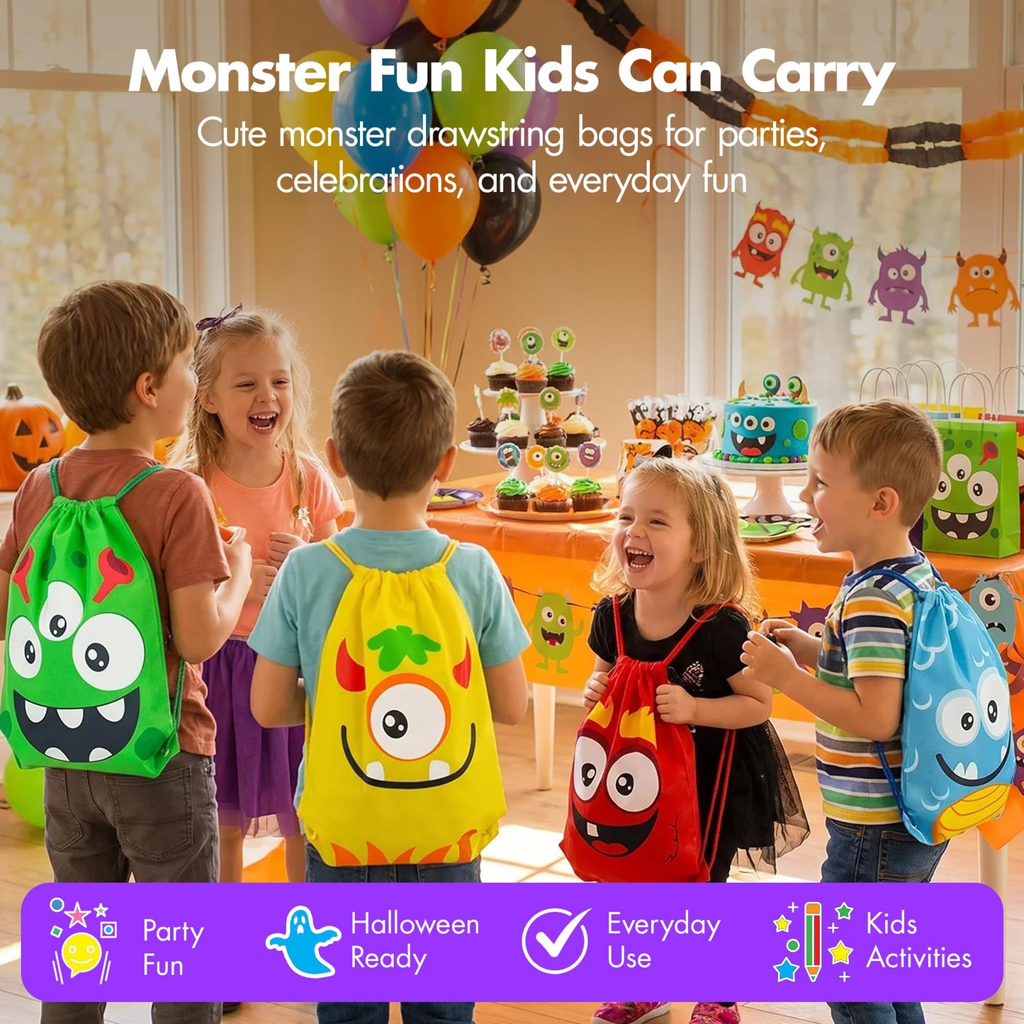 Podzly Drawstring Bags Bulk 12 Pack – Monster Themed Drawstring Backpack Bulk – 12" x 15" Washable Polyester Cinch Sackpack – Kids Party Favor Goody Bags for Halloween, Birthday, Dulceros Fiestas