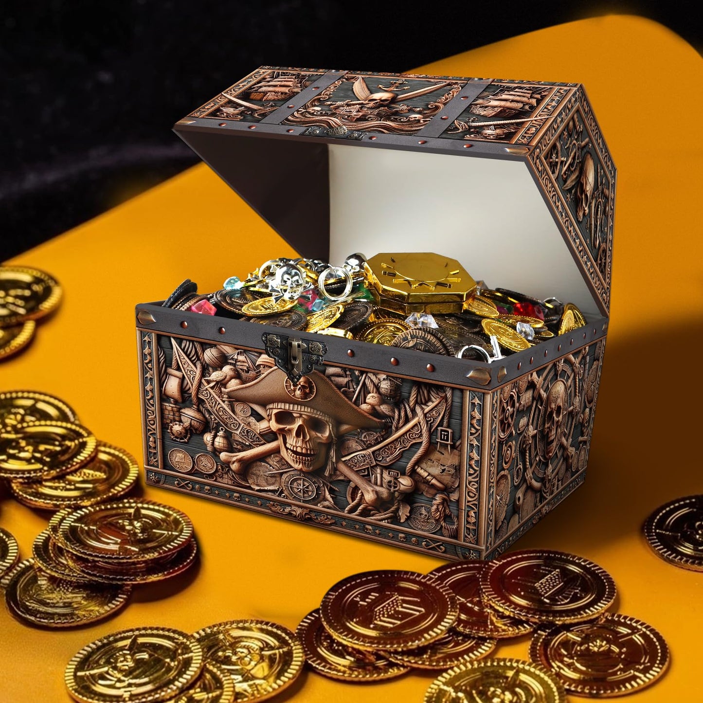 PETCEE Pirate Skull Treasure Box - 9x9.3x8 Large Pirate Treasure Chest for Classroom Chirstmas Treasures Box Rewards Chest Toys and Storage Perfect Classroom Treasures Boxes for Students