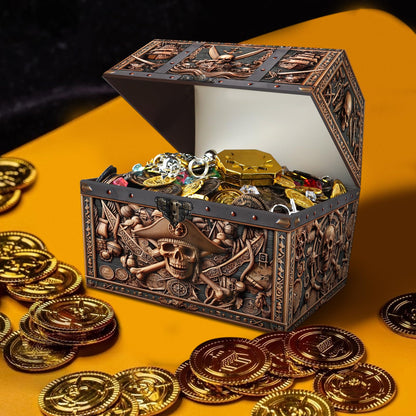 PETCEE Pirate Skull Treasure Box - 9x9.3x8 Large Pirate Treasure Chest for Classroom Chirstmas Treasures Box Rewards Chest Toys and Storage Perfect Classroom Treasures Boxes for Students
