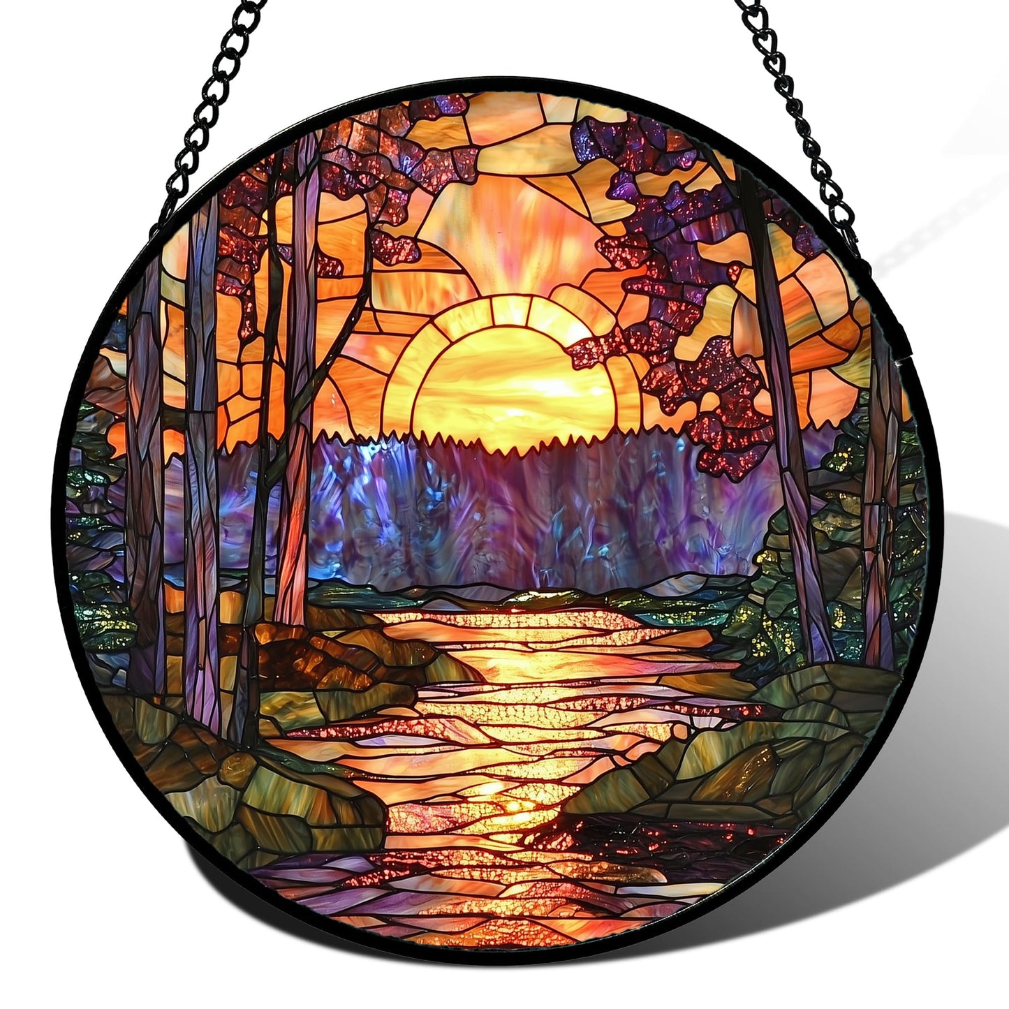 JOSUMALY Stained Glass Window Hanging, Orange Landscape Green Purple Lake Forest Suncatcher for Doors Window Home Sun Catchers Decor Mother's Day Birthday Gifts for Women Men Mom 9.8 in
