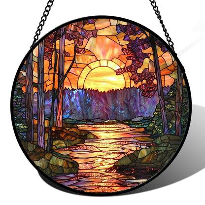 JOSUMALY Stained Glass Window Hanging, Orange Landscape Green Purple Lake Forest Suncatcher for Doors Window Home Sun Catchers Decor Mother's Day Birthday Gifts for Women Men Mom 9.8 in