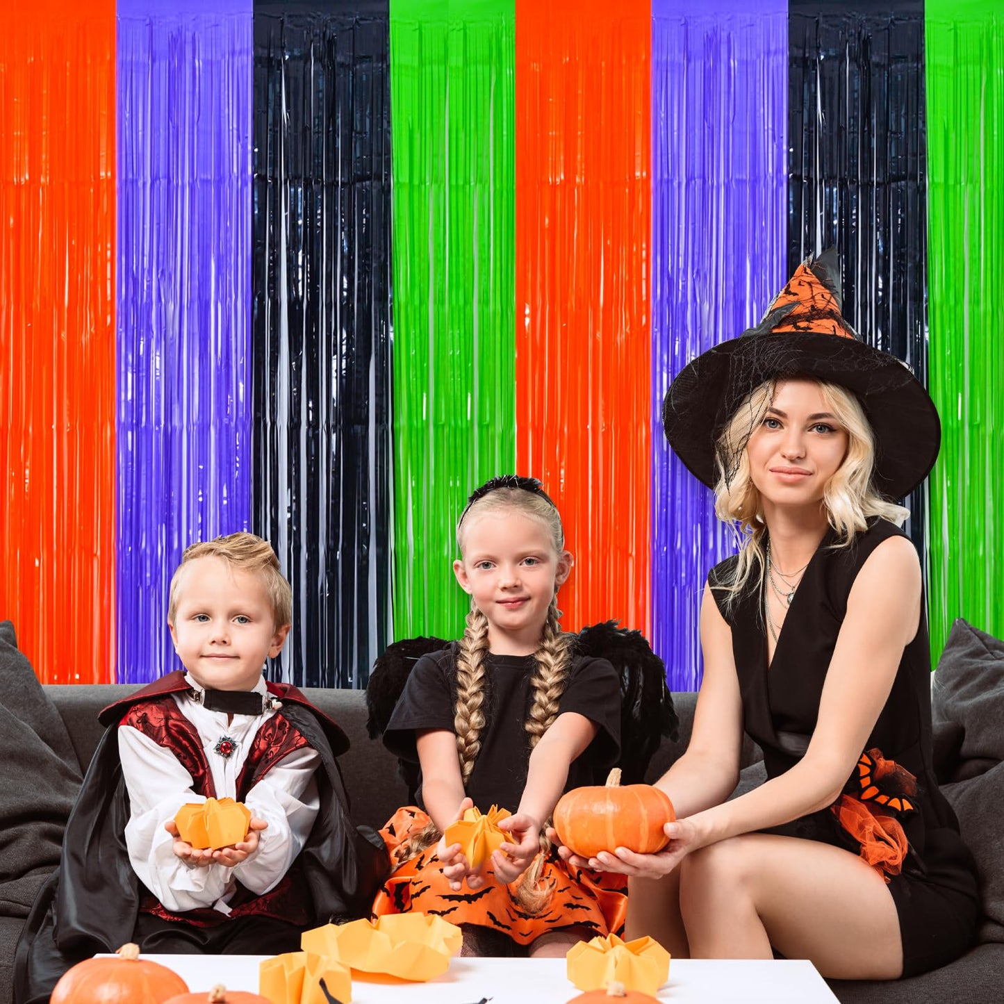 Mega-L Halloween Party Decorations, 2 Packs Orange Purple Black Green Photo Booth Props, 3.3 x 6.6 ft Halloween Foil Fringe Curtains with Bats, Photo Backdrop Streamers Halloween Party Supplies