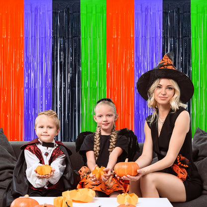 Mega-L Halloween Party Decorations, 2 Packs Orange Purple Black Green Photo Booth Props, 3.3 x 6.6 ft Halloween Foil Fringe Curtains with Bats, Photo Backdrop Streamers Halloween Party Supplies