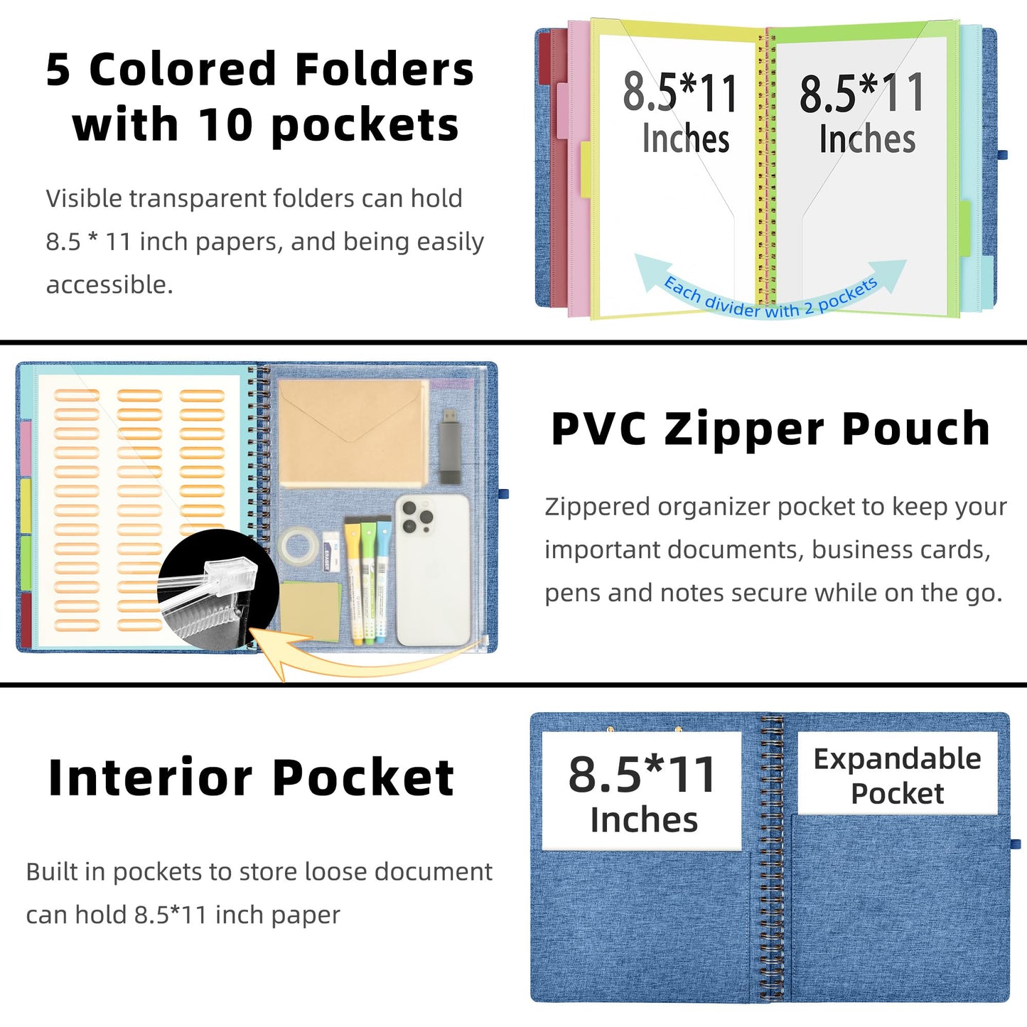 Ospelelf Foldable Spiral Clipboard Folio with Storage Zipper Pouch, 5 Plastic Folders with 10 Pockets, Refillable Lined Notepad (11" x 8.5"), Linen Hardcover Project Organizer(Haze Bule)