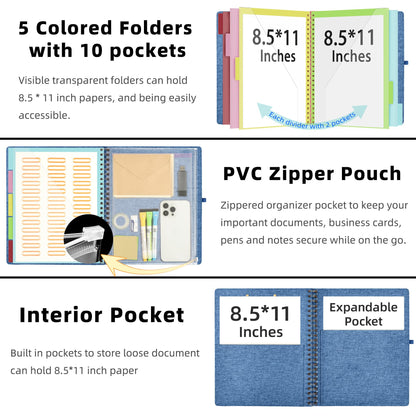 Ospelelf Foldable Spiral Clipboard Folio with Storage Zipper Pouch, 5 Plastic Folders with 10 Pockets, Refillable Lined Notepad (11" x 8.5"), Linen Hardcover Project Organizer(Haze Bule)
