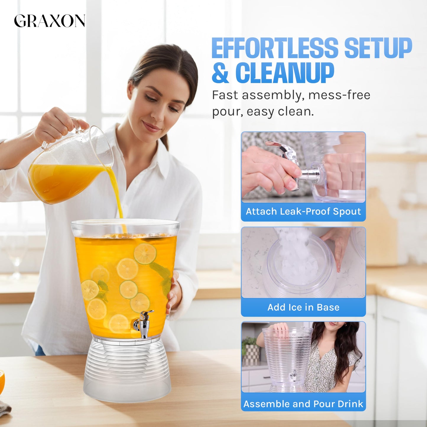 Drink Dispenser for Parties (2.5 Gallon) Large Plastic Water Dispenser for Counter Tops, No Mess, Easy to Assemble & Wash, Up to 40 Drinks, For Drinks, Juice, Punch & Water (1 Pack)