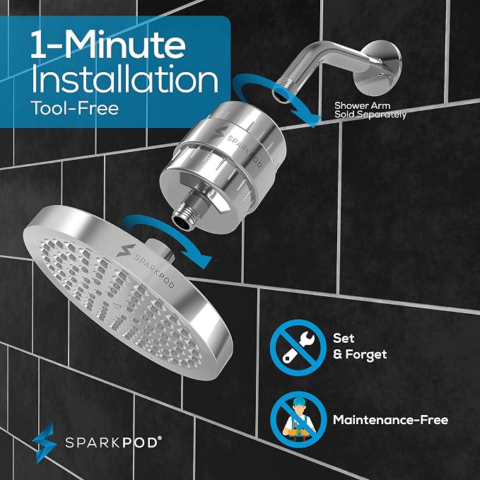 SparkPod 23-Stage Filtered Shower Head, 6" Round, Polished Chrome | Filtered Shower Head for Hard Water Filter, High Pressure, Reduces Chlorine, Heavy Metals, For Dry Skin & Hair