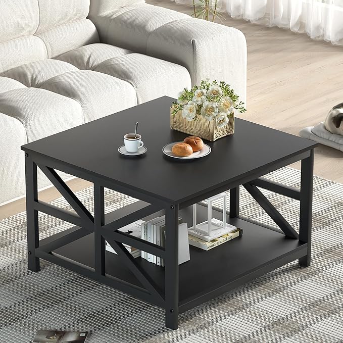 GreenForest Modern Living Room Coffee Table with 2 Tier Storage, Small Square Wood and Metal Farmhouse Center Table with Seamless One-Piece Tabletop, 27.55 Inch, Black