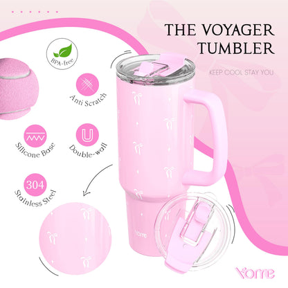 YOME 40 oz Bow Pink Tumbler with Handle and Flip Straw for Women | Stainless Steel Insulated Water Bottle | Keeps Drinks Cold | Dishwa