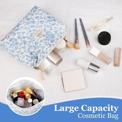 Gosect Large Makeup Bag, Cute Cosmetic Bag for Women Girls, Floral Coquette Aesthetic Toiletry Bag, Travel Make Up Organizer Bag(Blue Floral)