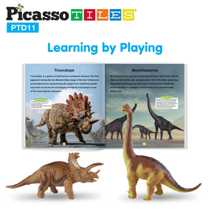 PicassoTiles Dinosaur Play Mat Toys 32pc Dino Playset STEM Activity Learning Kit STEAM Toy with Educational Book, 21 Action Figures T-Rex, Triceratops, Velociraptor, Trees, Rocks for Kids 3+ PTD11
