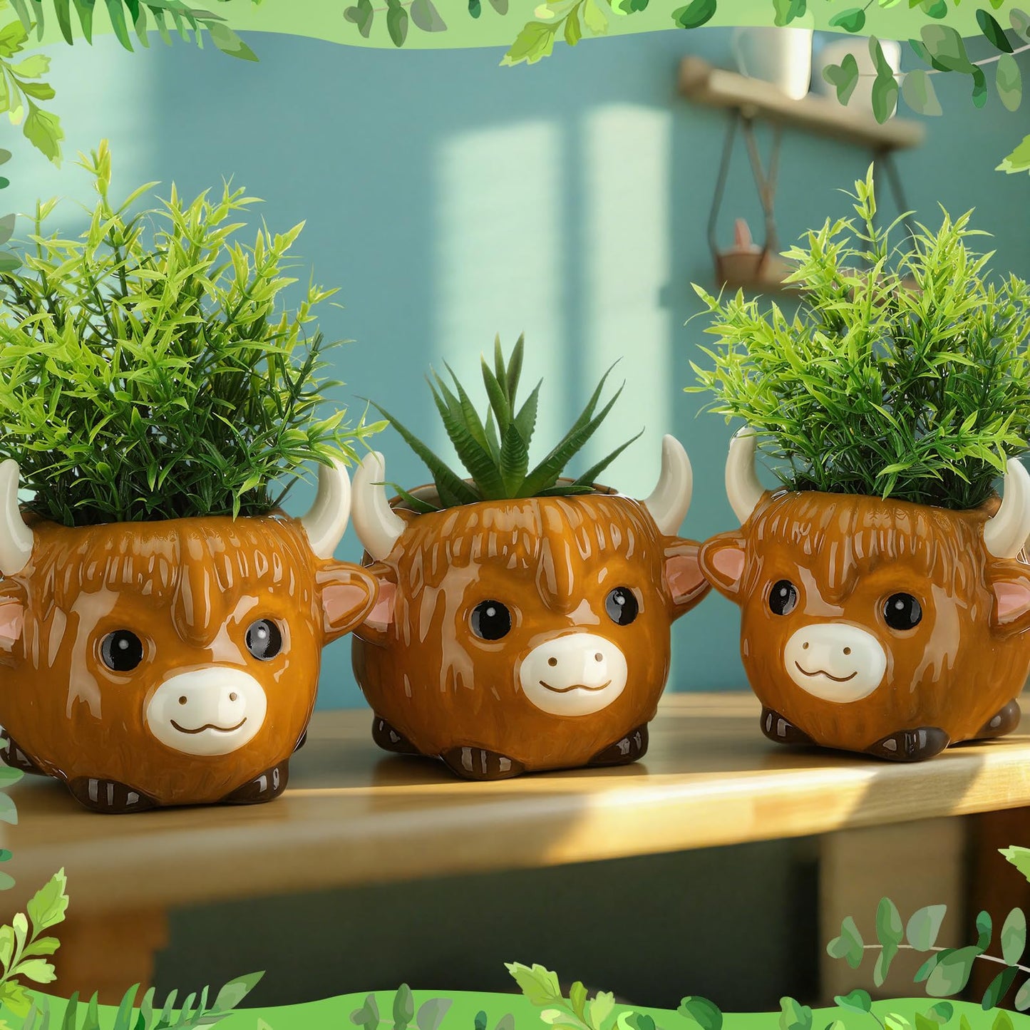 Meanplan 2 Pcs Highland Cow Succulent Planter with Drainage Cute Plant Pots Decor Ceramic Cactus Pot Animal Flower Container Holder Gifts for Cow Lovers Home Office Display Desk Decoration