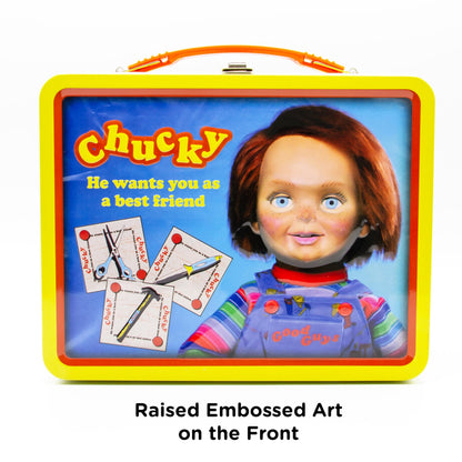 AQUARIUS Chucky Fun Box - Sturdy Tin Storage Box with Plastic Handle & Embossed Front Cover - Officially Licensed Child's Play Merchandise & Collectible Gift for Kids, Teens & Adults