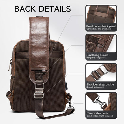 MOYYI EDC Crossbody Bag for Men Leather Sling Bag, Tactical Chest Bag with USB Charging Port, 7L Small Casual Daypacks for Travel