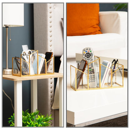Mind Reader 4-Compartment Angled Glass Pen Holder with Copper Trim, Desktop Organizer for Office Supplies & Accessories, Glass and Copper, Clear