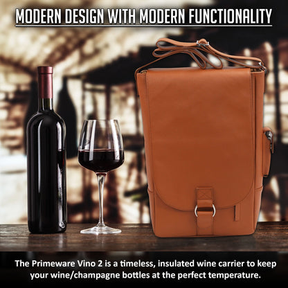 Primeware Vino2 Two Bottles Saddle Leather Wine Tote Messenger Carrier (Brown)