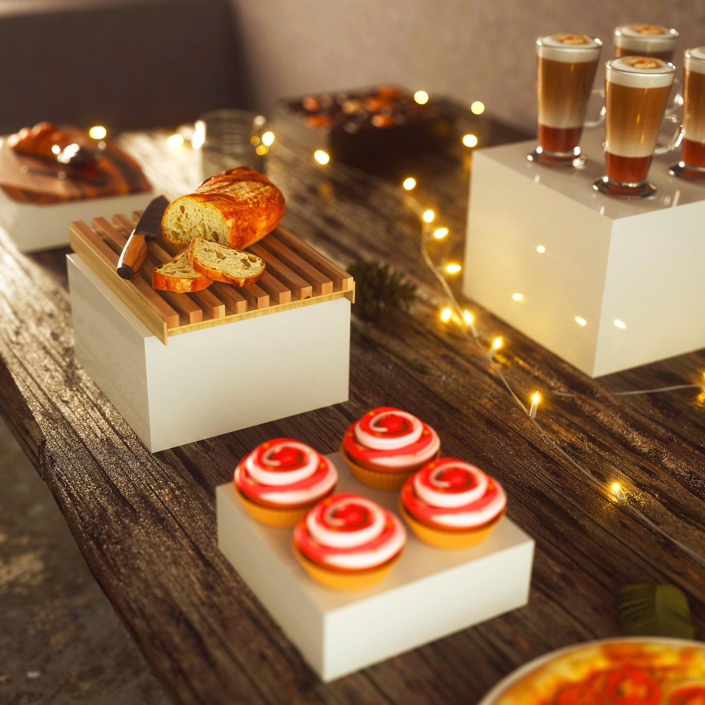 BreeziiDesign 8” Buffet Risers with Mini Signs, Buffet Table Risers and Stands, Acrylic Cube Display Box for Catering Party Table Food Display, Dessert, Cakes - White, Set of 8 Boxes