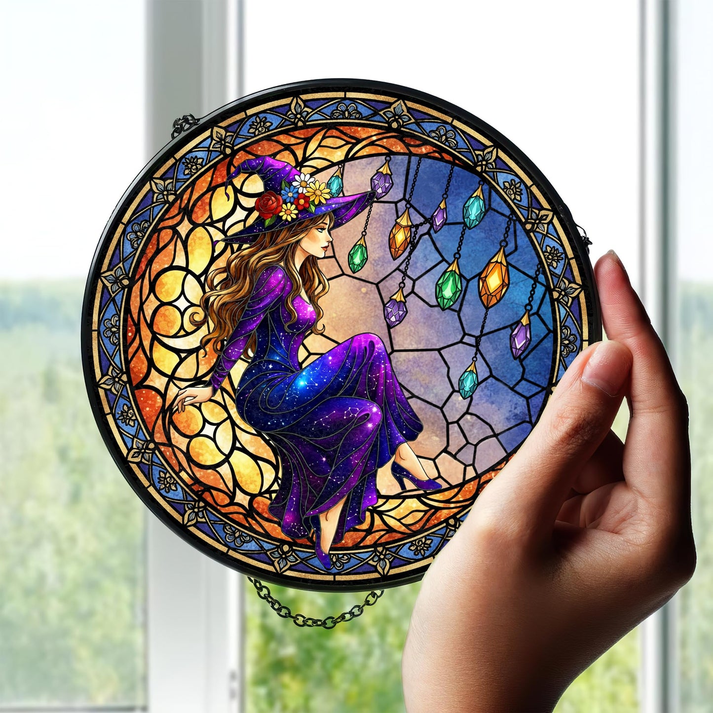FIVITY 7.8" Moonlight Witch Suncatcher Stained Glass Window Hanging Mystical Witchy Sun Catchers Halloween Ornaments Wall Art Door Garden Room Home Decor Birthday for Teens Women