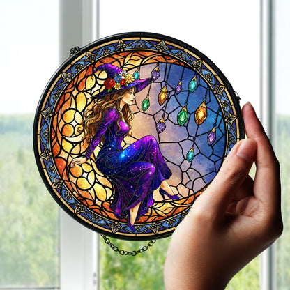 FIVITY 7.8" Moonlight Witch Suncatcher Stained Glass Window Hanging Mystical Witchy Sun Catchers Halloween Ornaments Wall Art Door Garden Room Home Decor Birthday for Teens Women