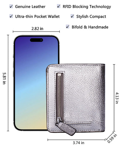 AINIMOER Small Leather Wallet for Women, Ladies Credit Card Holder RFID Blocking Women's Mini Bifold Pocket Purse, Silver
