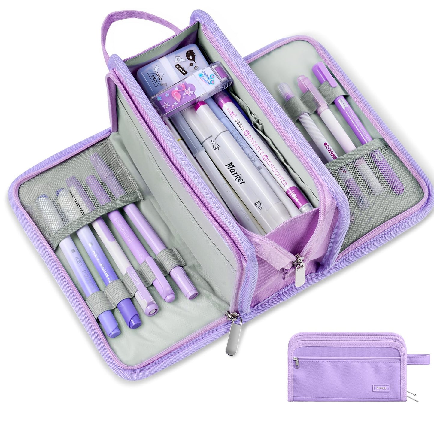 Sooez Large Pencil Case, Big Capacity Pencil Pouch Pen Bag with 3 Compartment, Portable Canvas Stationery Organizer with Zipper, Cute Aesthetic School Supplies for Teen Girls College, Pure Purple