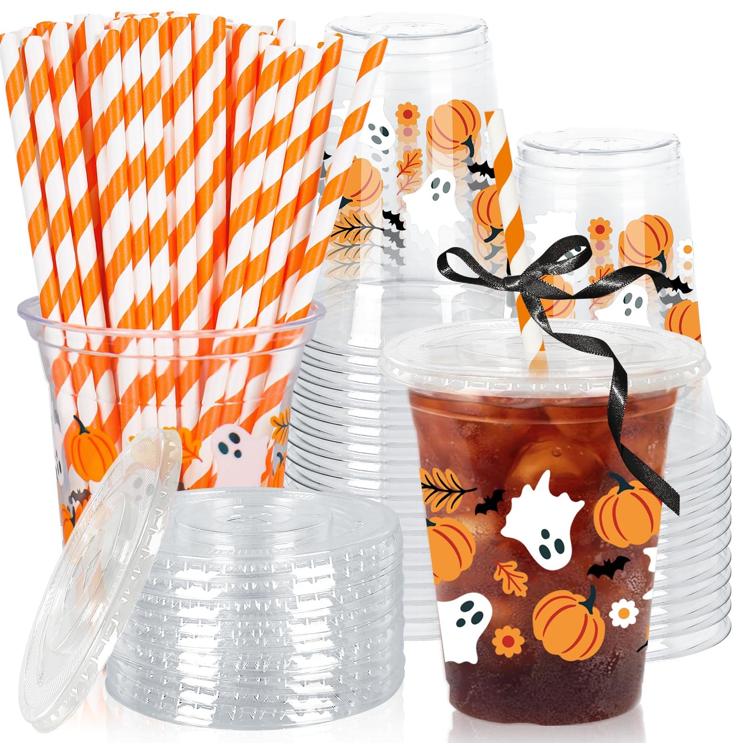 Whaline 50Pcs 12Oz Halloween Plastic Cups with Lids & Straws Pumpkin Ghost Disposable Clear Drinking Cups with Black Ribbon for Birthday Party Supplies