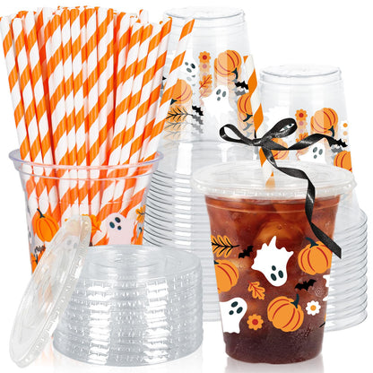 Whaline 50Pcs 12Oz Halloween Plastic Cups with Lids & Straws Pumpkin Ghost Disposable Clear Drinking Cups with Black Ribbon for Birthday Party Supplies