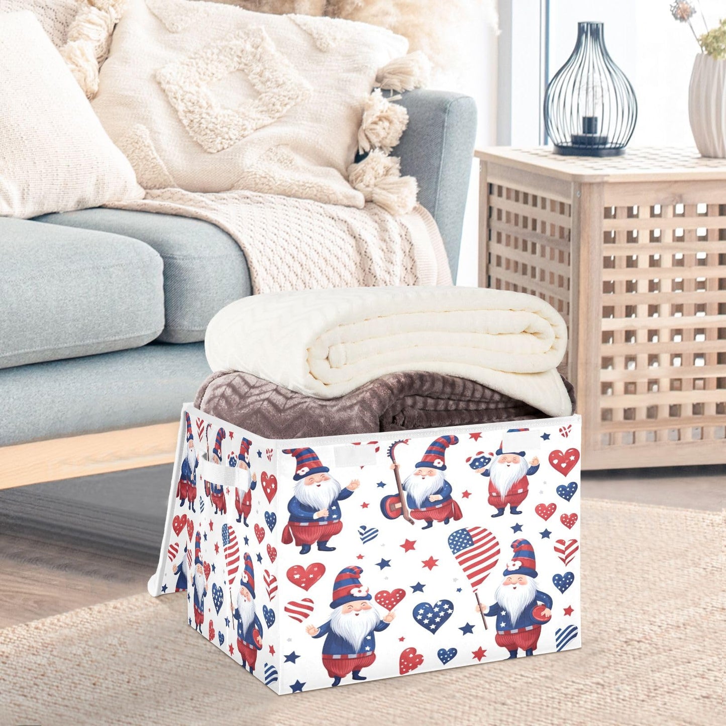 Storage Bins with Lids and Handles,American Day Flag Stars Gnomes Storage Box Storage Basket with Cover Collapsible Organizer Containers for Home Closet, Shelves