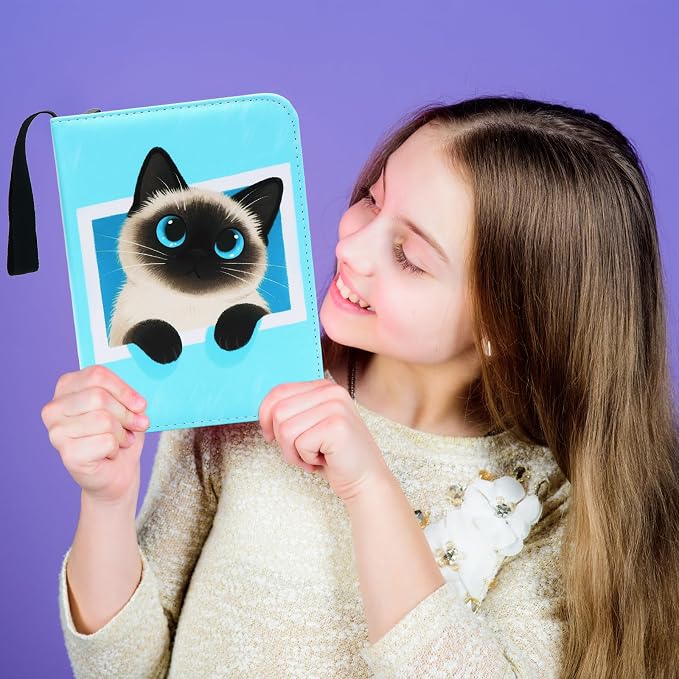 Cute Cat Card Binder, 400 Pocket Card Album for Girls Gifts, Black Cat kitten Trading Game Card Holder Album for Standard Size Cards, Collectible Game Collection Case (Blue)