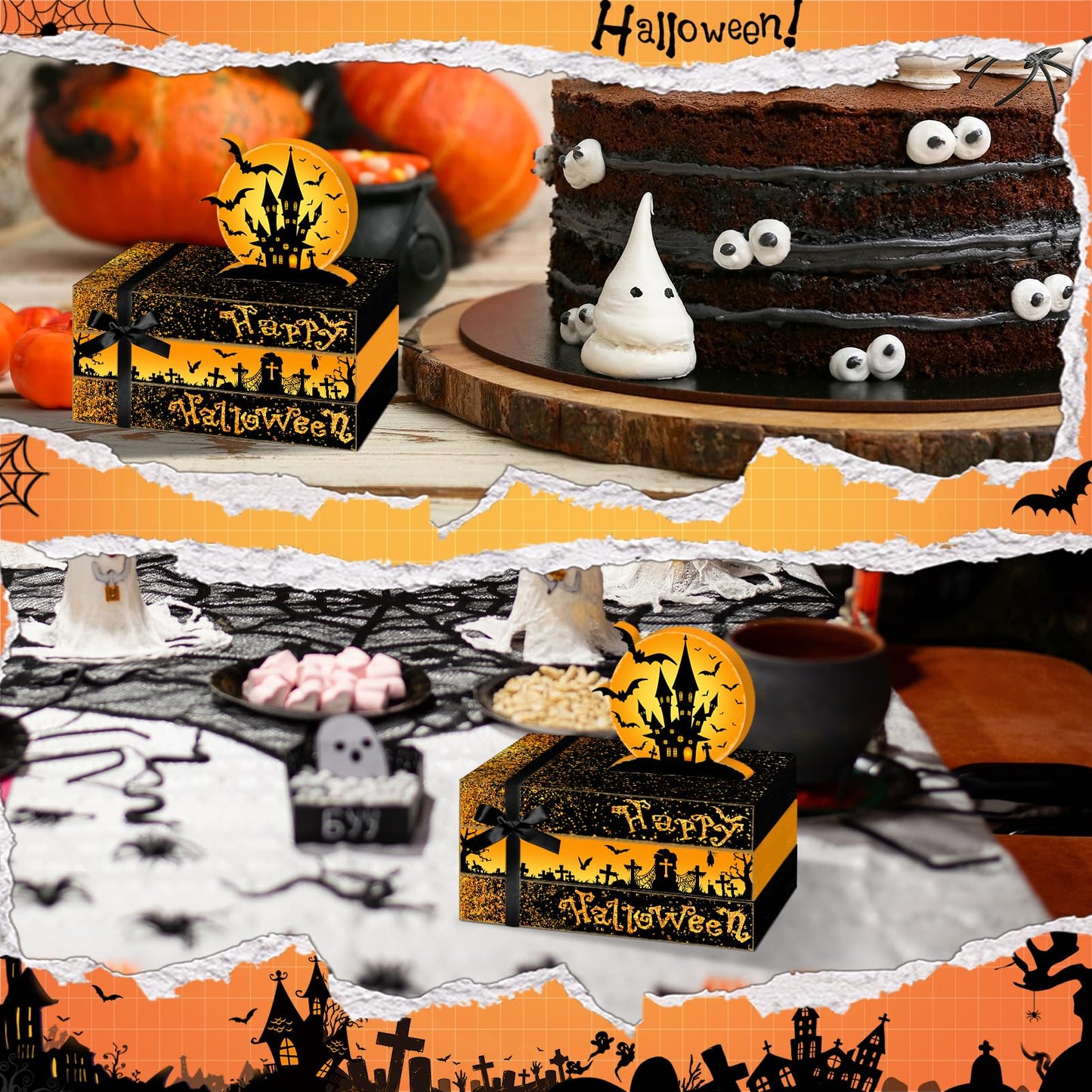 Culudea 4 Pcs Halloween Decorations for Home Castle Table Decor Halloween Bat Wooden Faux Book Stack Sign Tiered Tray Decor Spooky Centerpiece for Home Shelf Mantel Entryway Office Party