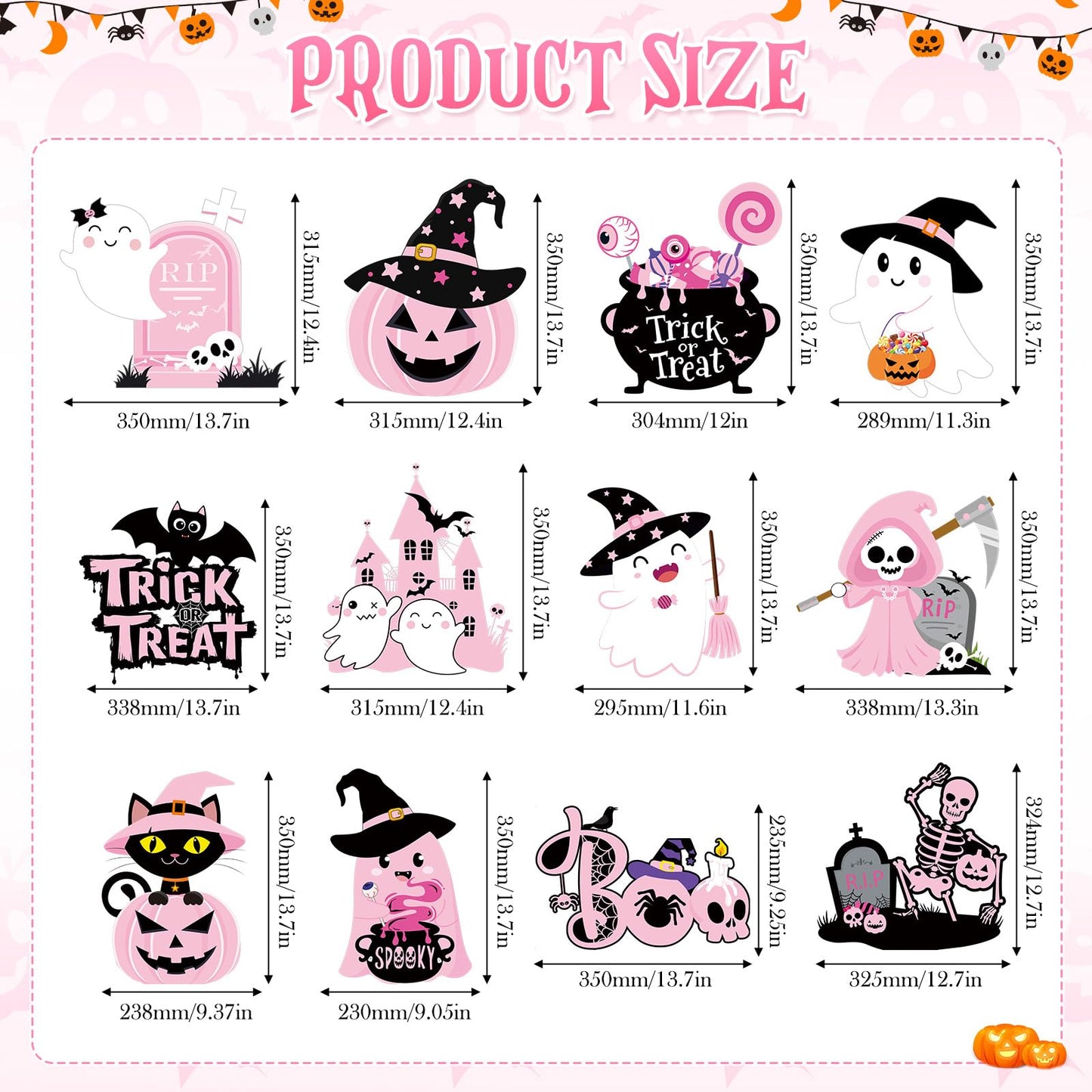 Huwena 12 Pcs Pink Halloween Decorations Cute Halloween Baby Shower Yard Stakes Spooky Pumpkin Cat Ghost Witch Garden Signs with Stakes for Halloween Happy Boo Party Lawn Patio Outdoor