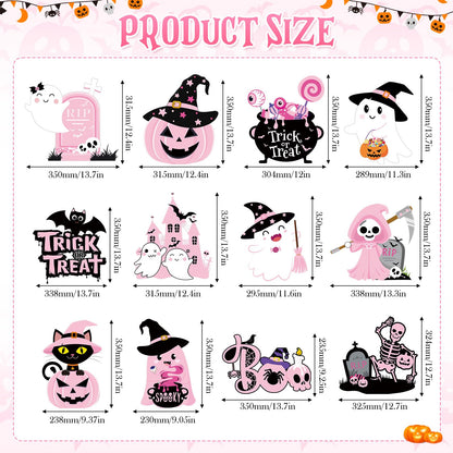 Huwena 12 Pcs Pink Halloween Decorations Cute Halloween Baby Shower Yard Stakes Spooky Pumpkin Cat Ghost Witch Garden Signs with Stakes for Halloween Happy Boo Party Lawn Patio Outdoor